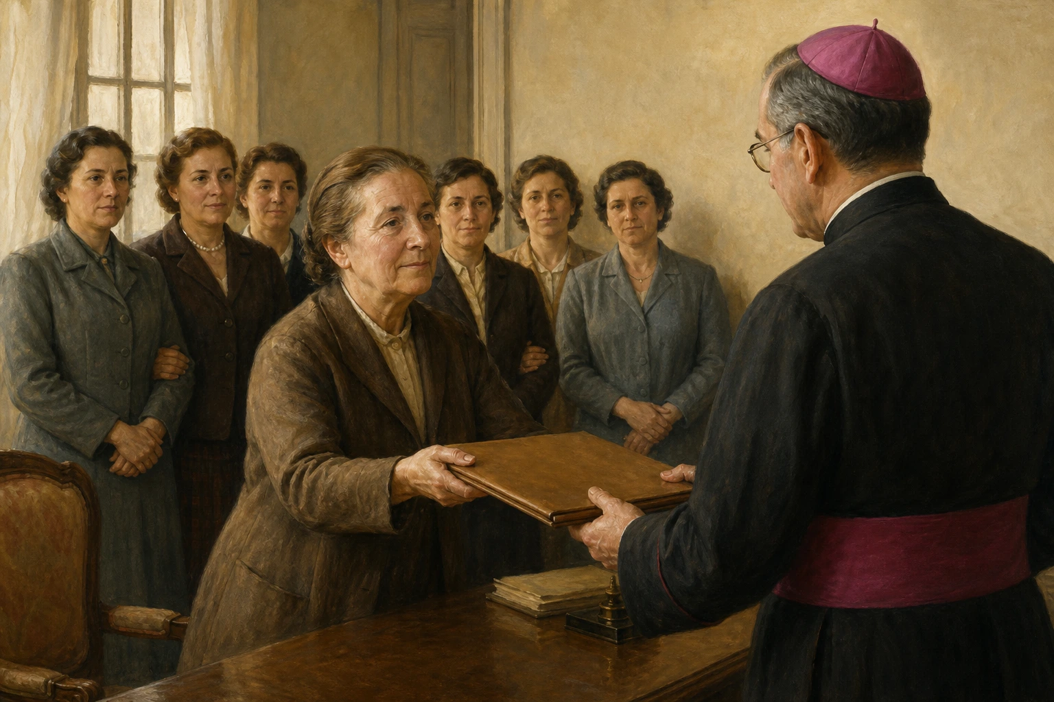 Magdalena Aulina entrega serenamente una carpeta a una autoridad eclesiástica ante sus compañeras.