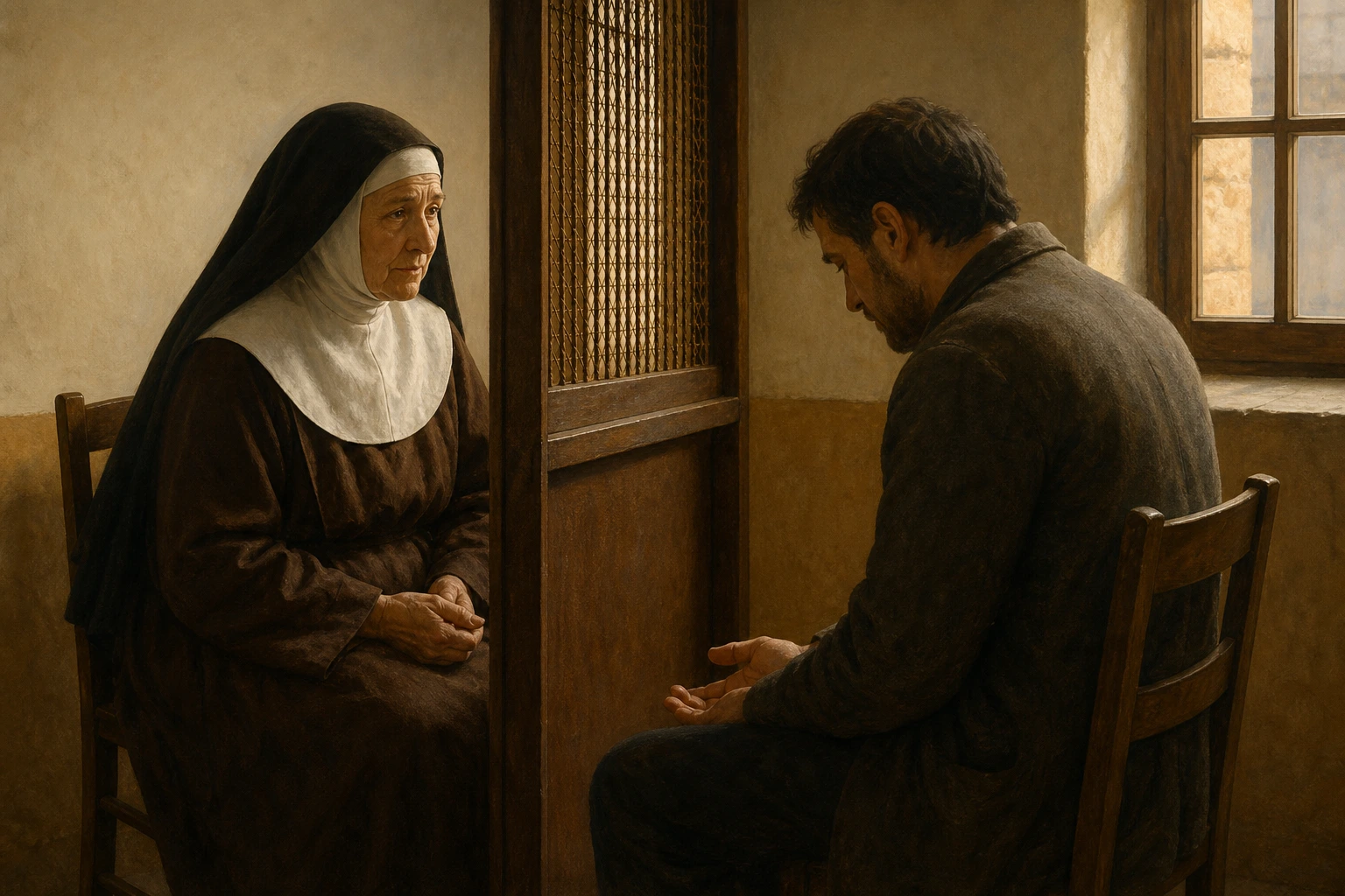 María Francisca del Niño Jesús escucha con gravedad misericordiosa a un hombre en el locutorio.
