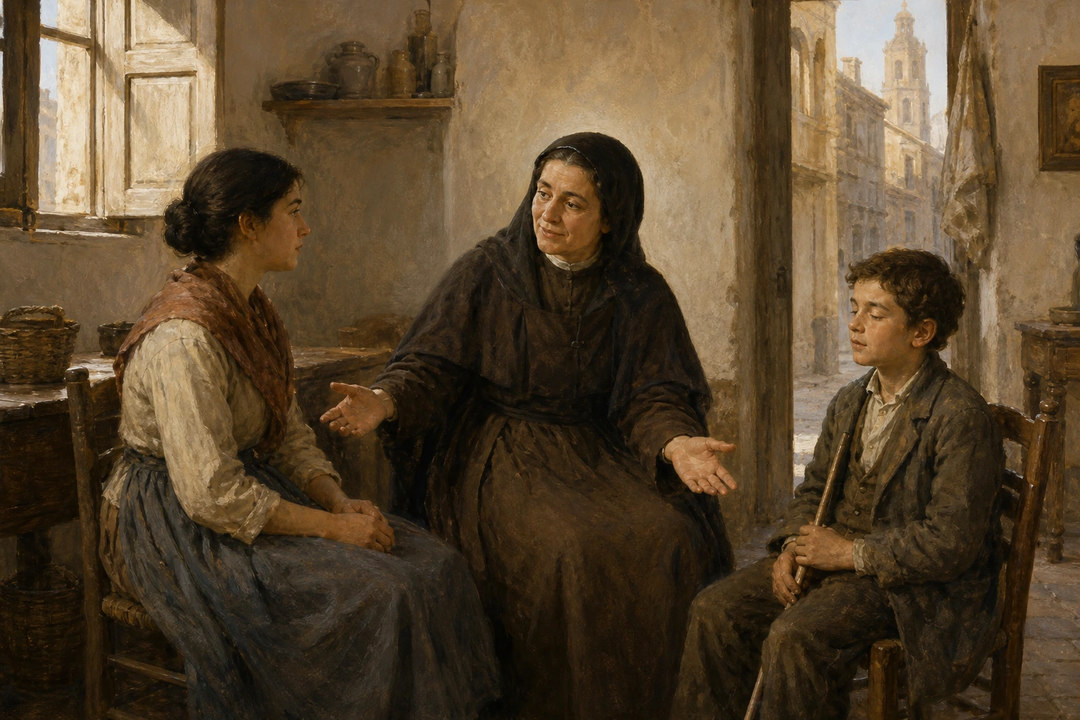Francisca Pascual recibe en una casa de acogida a una joven obrera y a un niño ciego.