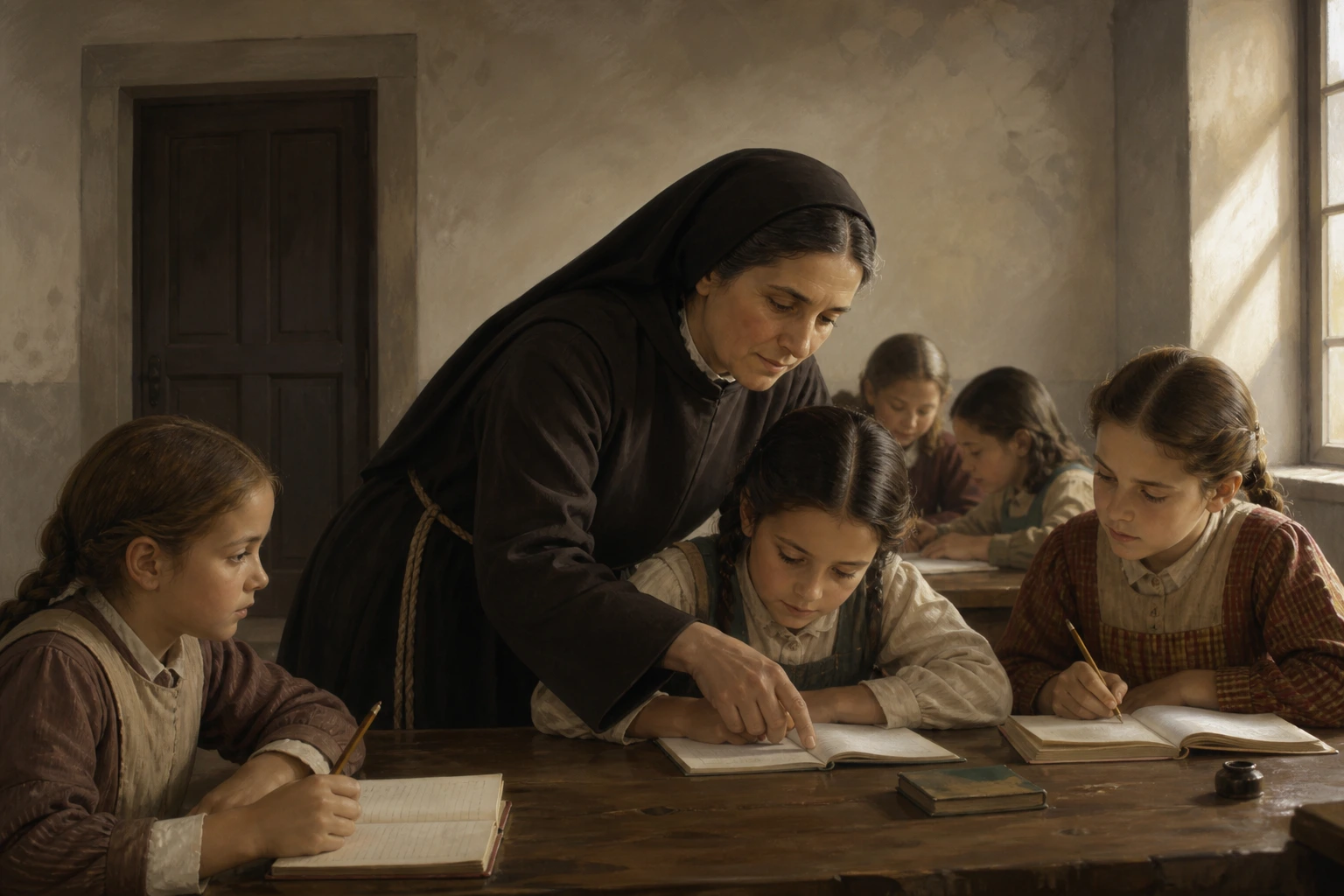 María Ana Mogas ayuda a varias niñas en una escuela sencilla después de la división de su comunidad.
