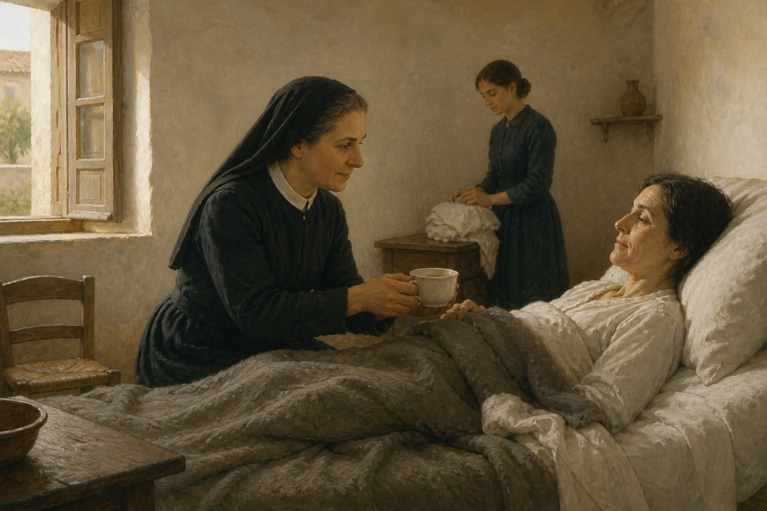 María Dolores Segarra ofrece una taza y cuidados serenos a una religiosa enferma.