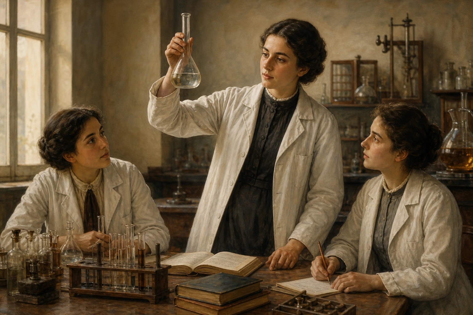 María Félix Torres estudia Química con otras universitarias en un laboratorio de Zaragoza.