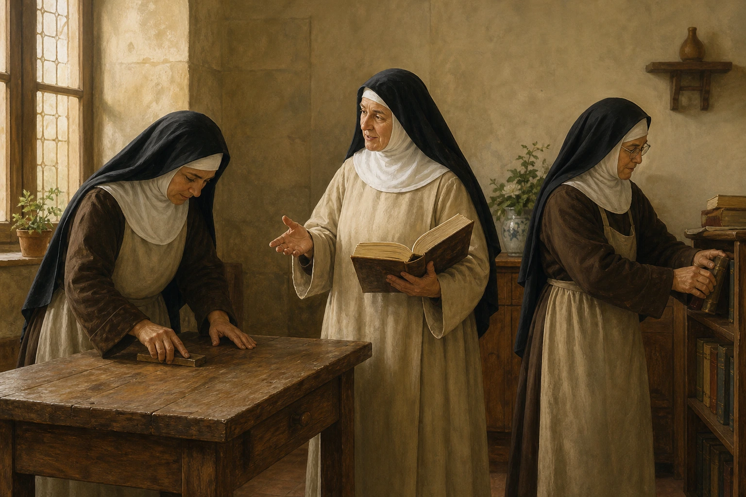 Clara de la Concepción sostiene la regla mientras sus hermanas renuevan una sala del monasterio de Soria.