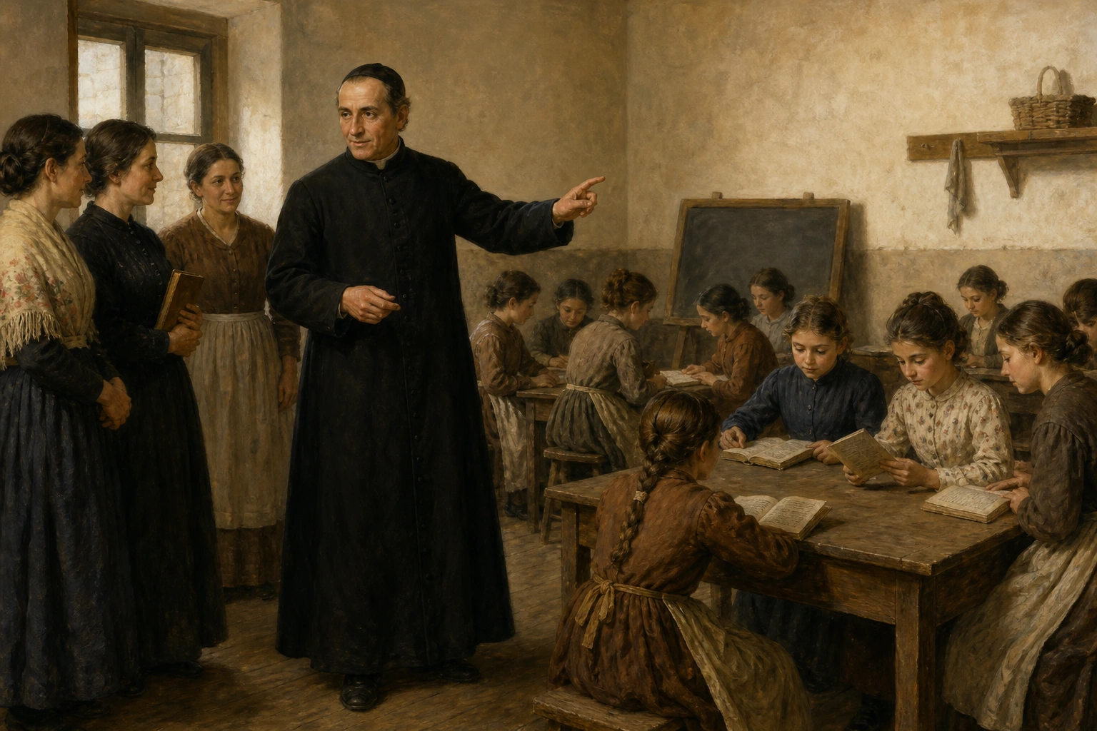 Joaquín Masmitjà muestra a unas educadoras una escuela estable para niñas obreras en Olot.