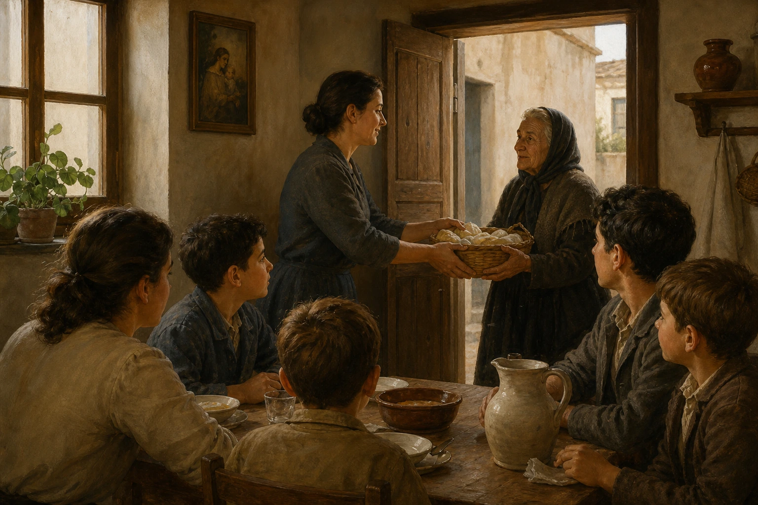 Amparo Portilla entrega una cesta de alimentos a una anciana ante la mesa de su familia.