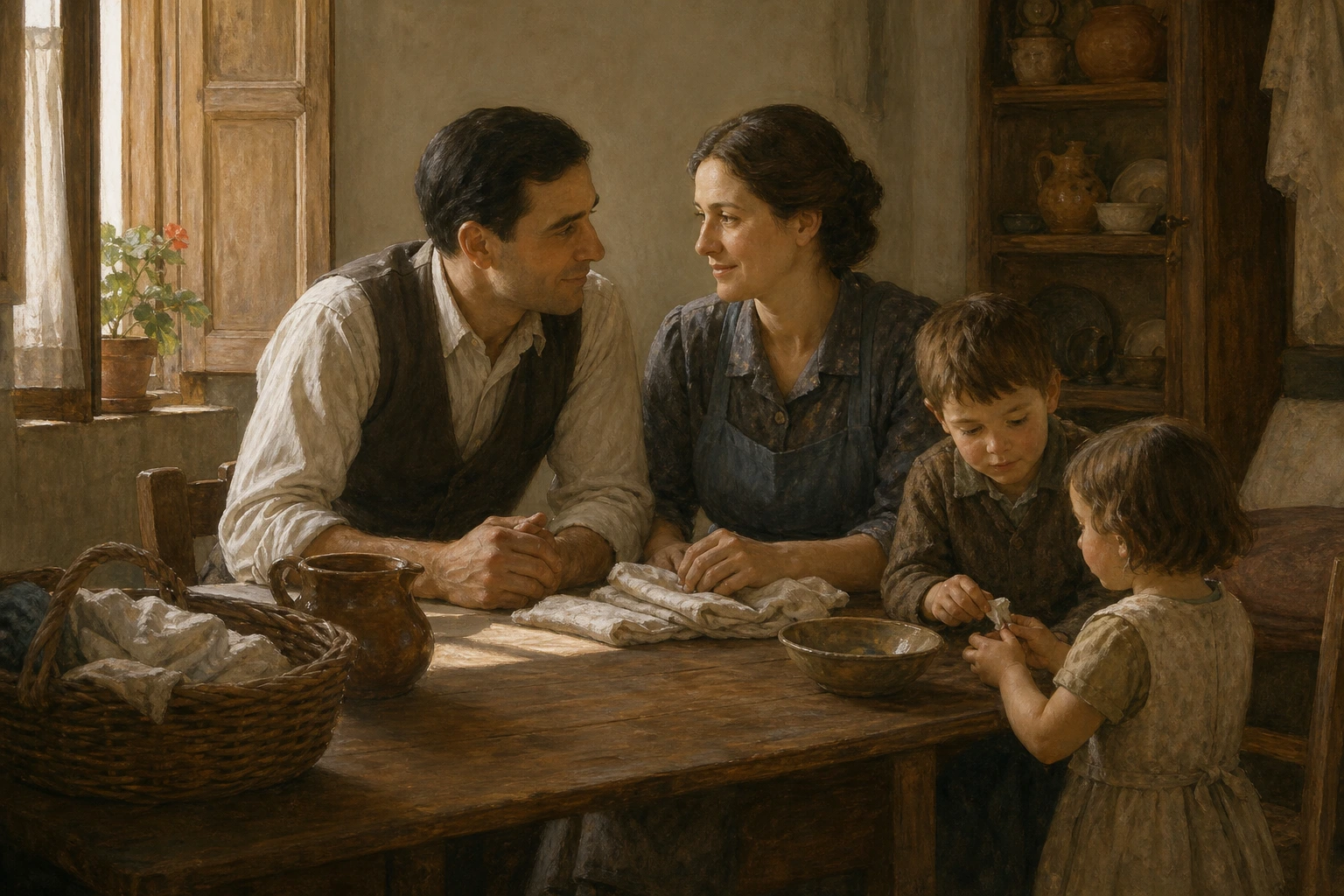 Tomás Alvira y Paquita Domínguez comparten con sus hijos las tareas de un hogar español de los años cuarenta.