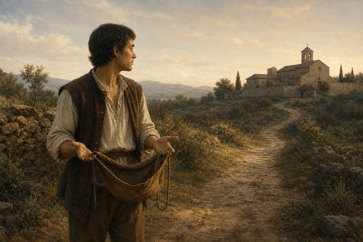 Andrés Hibernón contempla un convento franciscano desde un camino rural con las manos abiertas y la bolsa vacía.