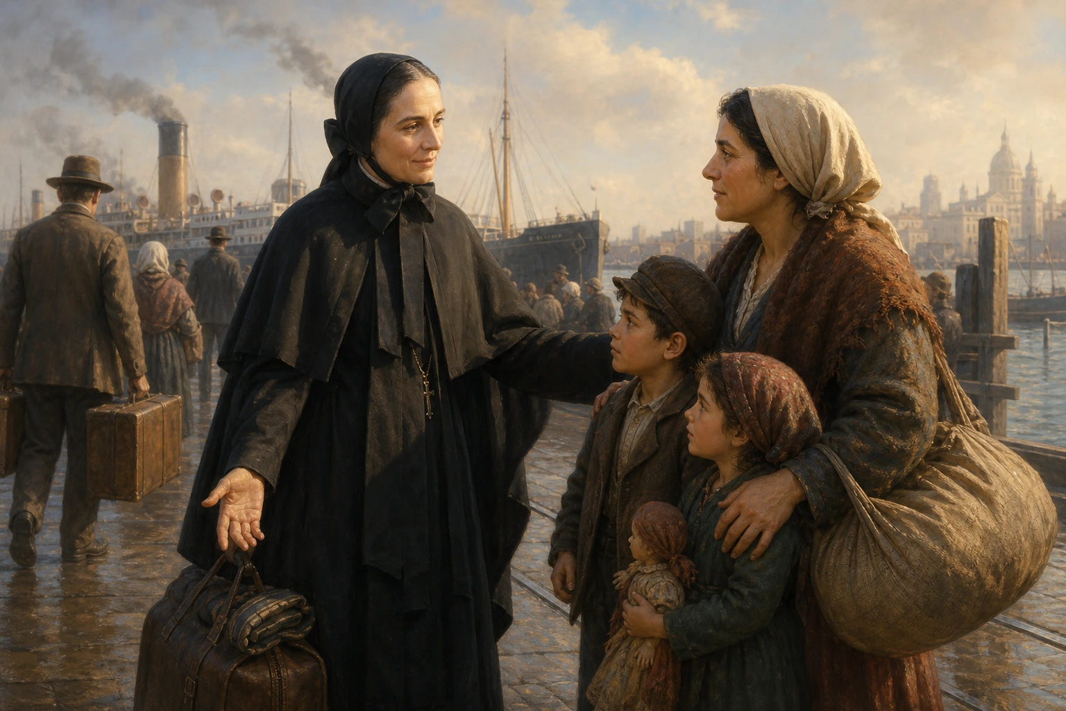 Francisca Javier Cabrini acoge a una madre inmigrante y sus hijos en el puerto de Nueva York.