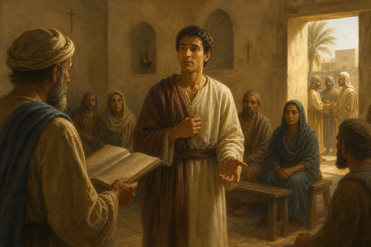 El joven Antonio Abad escucha el Evangelio y abre una mano en señal de decisión.