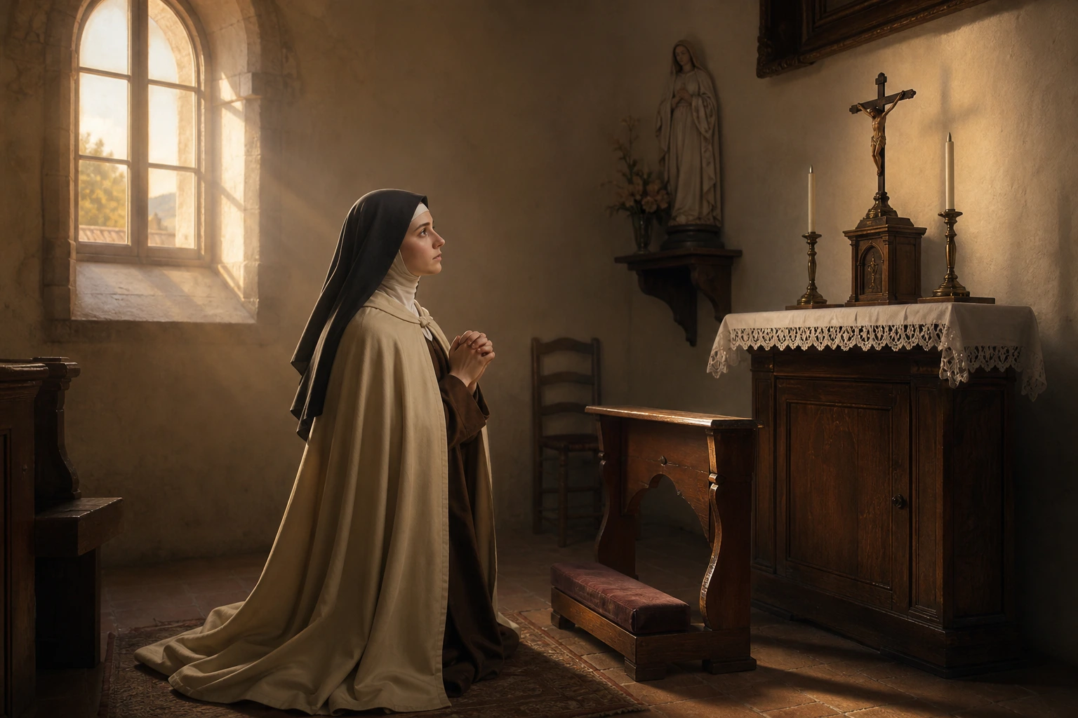 Santa Teresita reza en silencio por Pranzini en una capilla carmelita al amanecer.