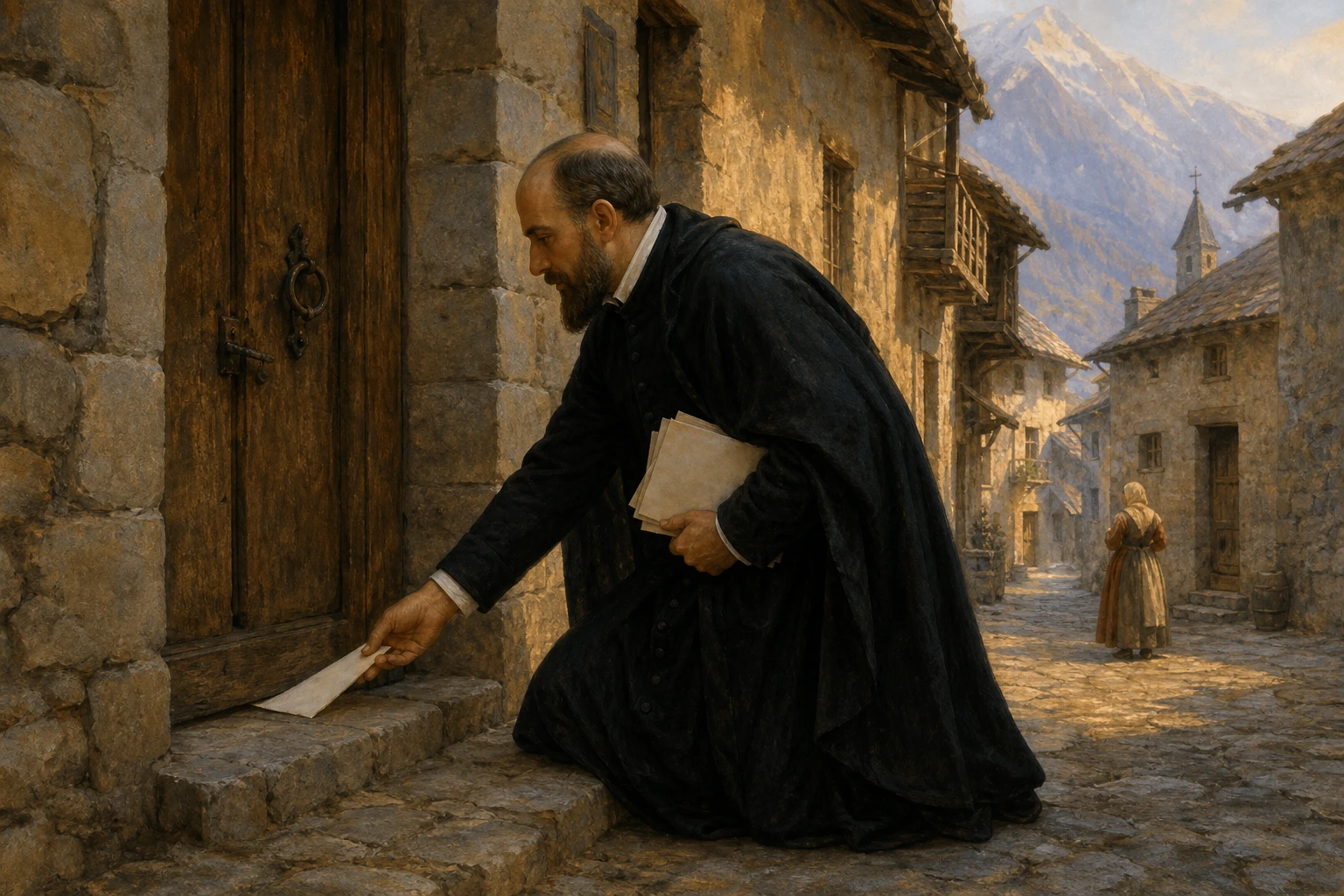 San Francisco de Sales desliza una hoja bajo la puerta cerrada de una casa en Chablais.