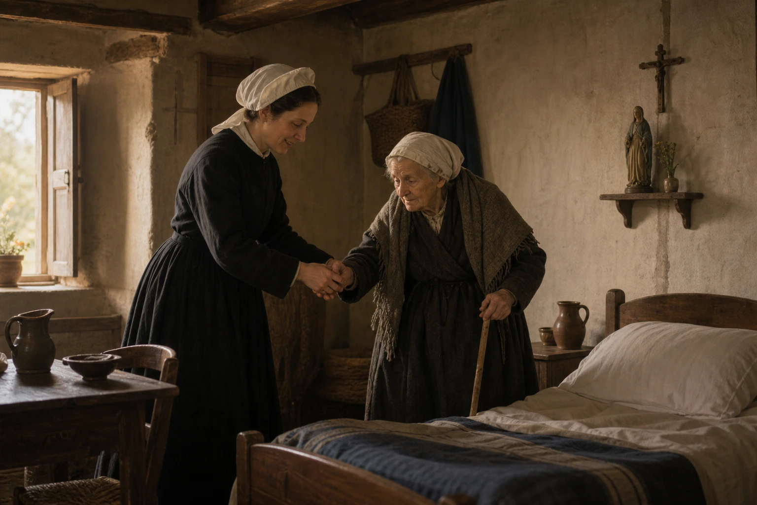 Juana Jugan guía con ternura a una anciana ciega hasta la cama que le ofrece.