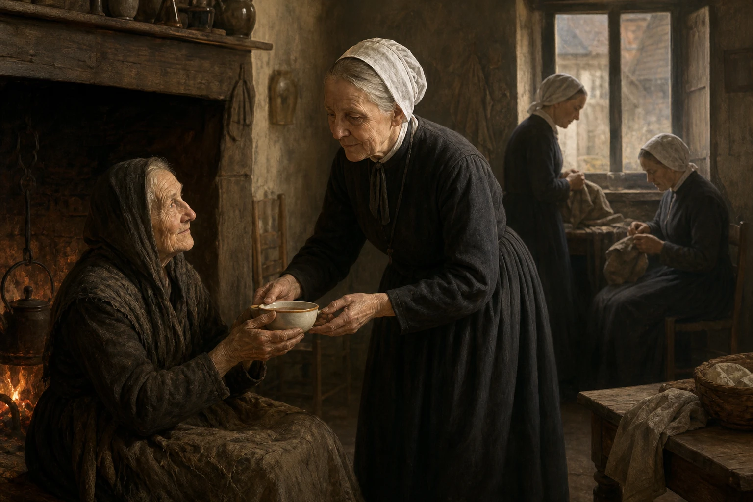 Santa Juana Jugan sirve una taza caliente a una anciana en una humilde casa de Saint-Servan.