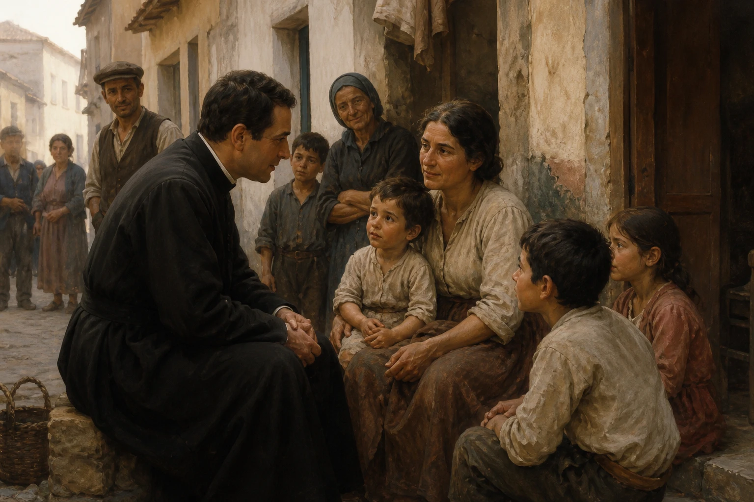 San Aníbal María Di Francia escucha a una madre y sus hijos en el humilde barrio Avignone de Mesina.