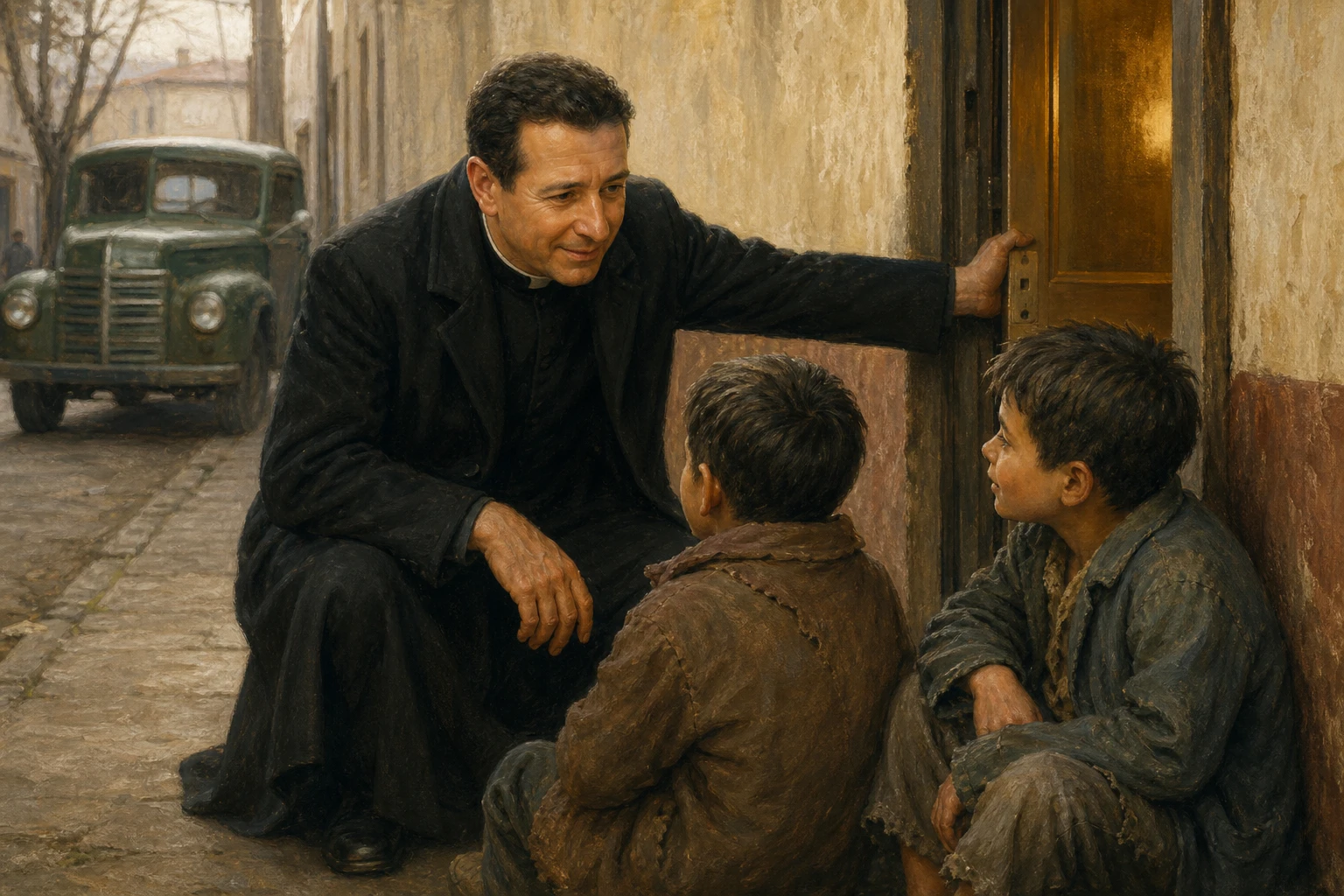San Alberto Hurtado se agacha para escuchar a dos niños y les abre la puerta de un refugio en Santiago.