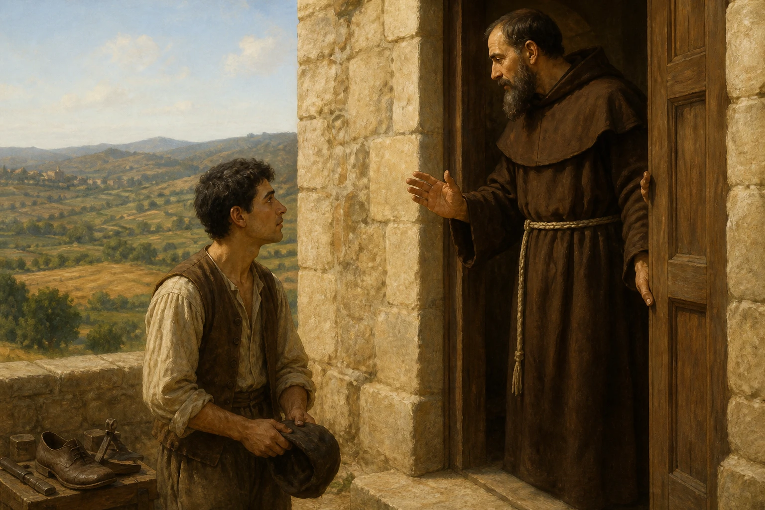 San Félix de Nicosia espera serenamente ante la puerta de un convento capuchino mientras habla con un fraile.