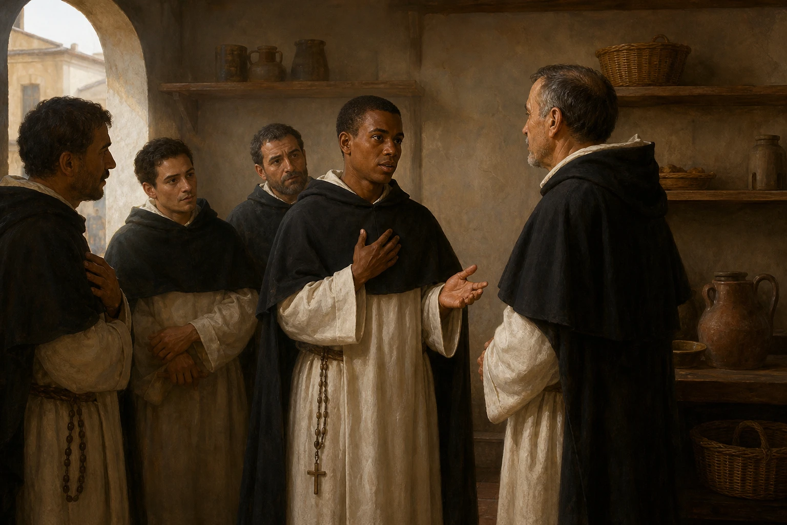 San Martín de Porres se ofrece humildemente ante el prior en la despensa casi vacía del convento.