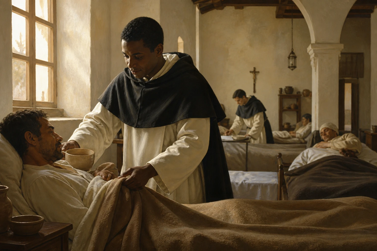 San Martín de Porres acerca agua y acomoda la manta de un enfermo en la enfermería del convento.