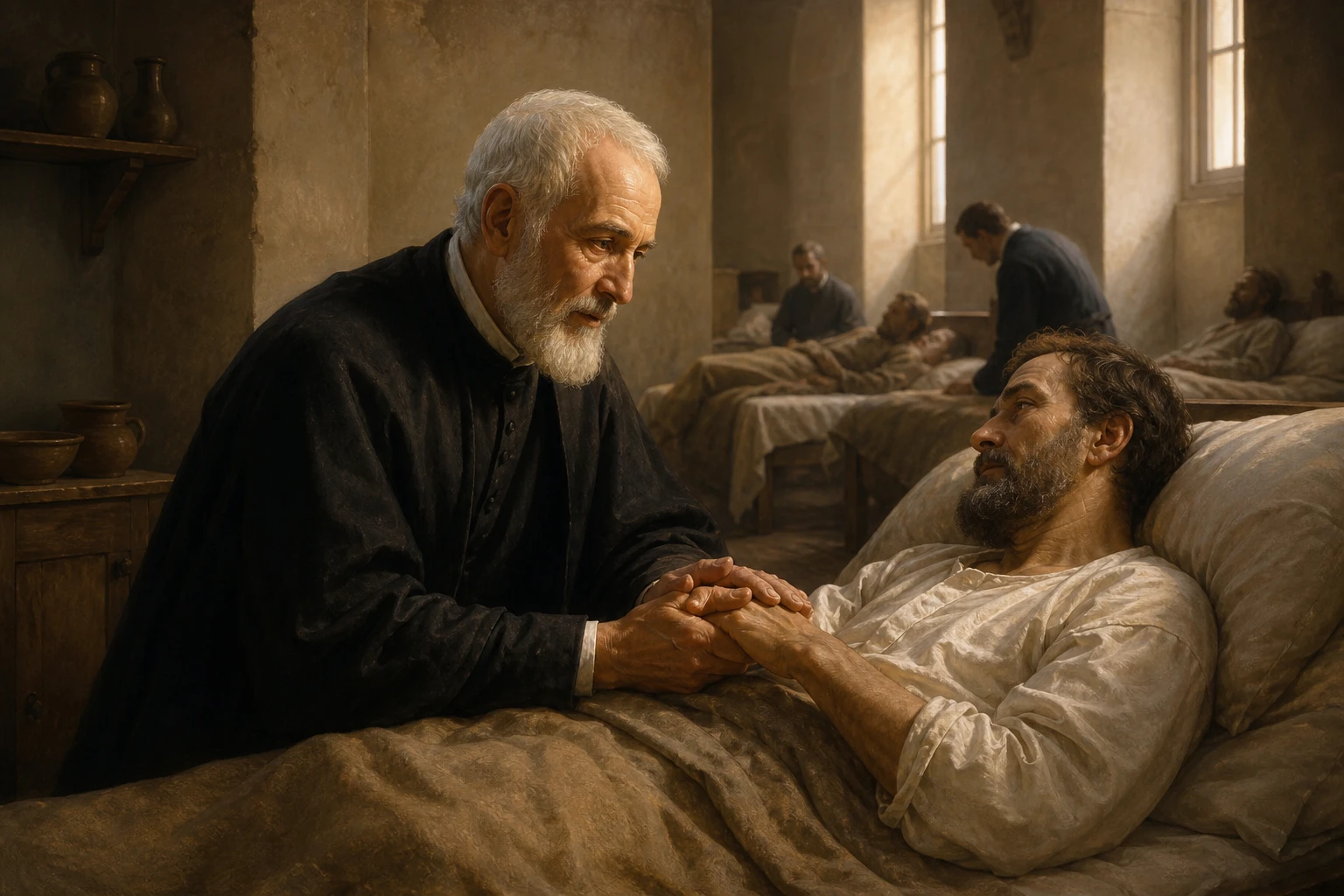 San Felipe Neri sostiene con ternura la mano de un enfermo en el hospital de los Incurables de Roma.