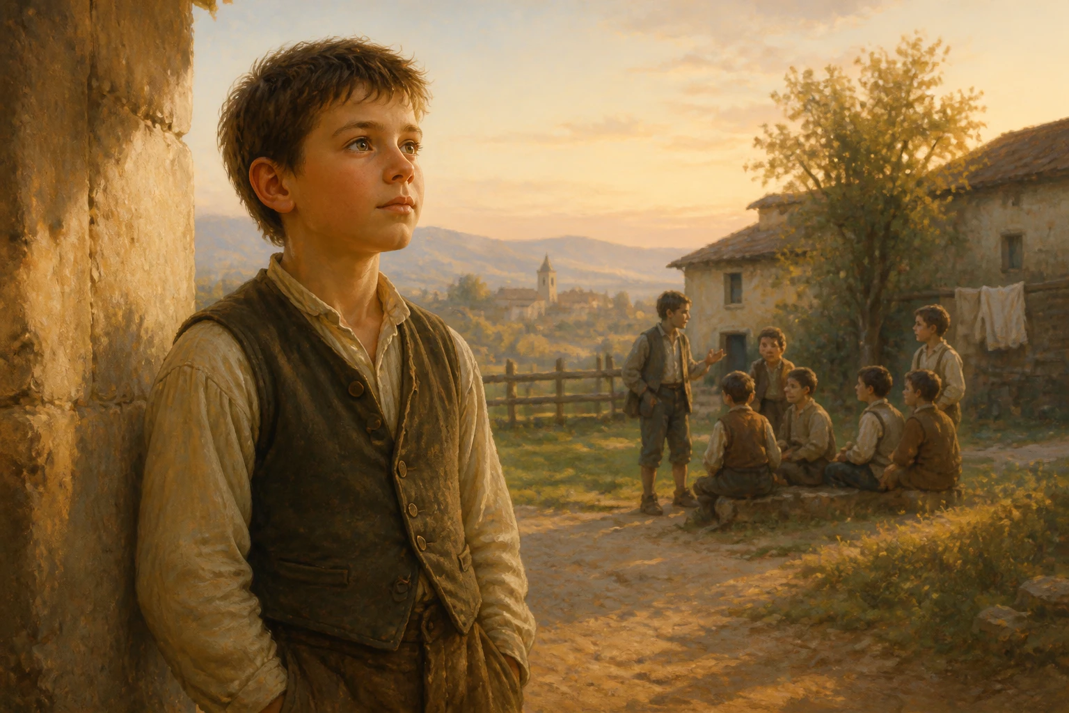 Juan Bosco niño contempla pensativo a otros niños en el patio rural de su casa al amanecer.