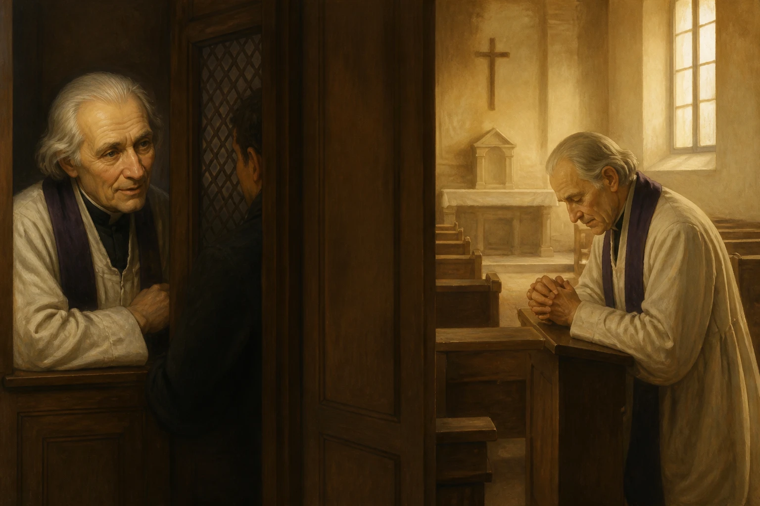 El cura de Ars escucha a un penitente en el confesonario y permanece en oración humilde.