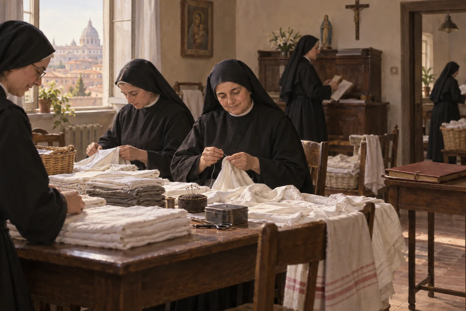 Madre Esperanza cose y ordena ropa junto a otras religiosas en una casa comunitaria de Roma durante los años cuarenta.