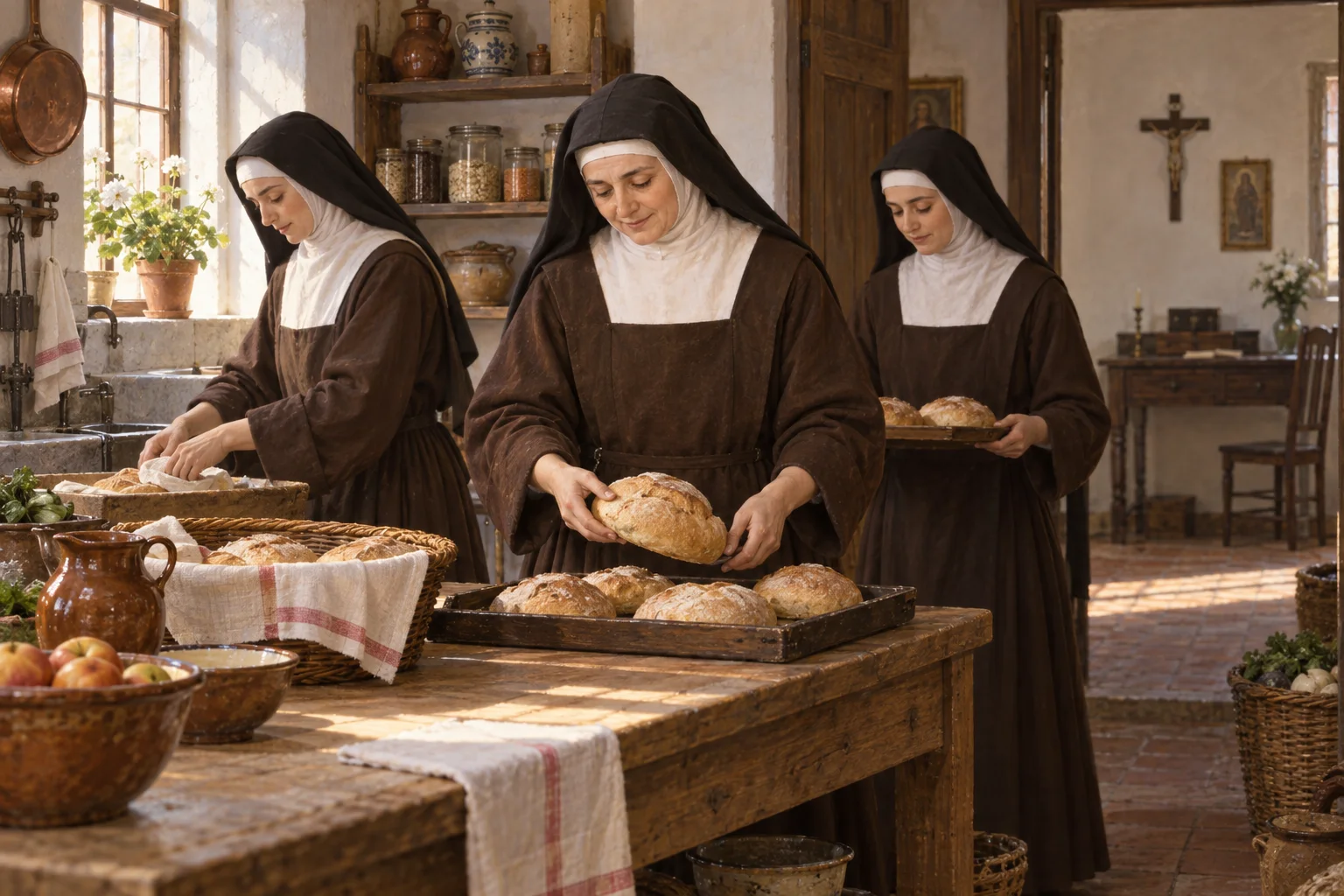 María Elisa Oliver prepara pan junto a otras religiosas en la cocina de una comunidad local durante los años veinte.