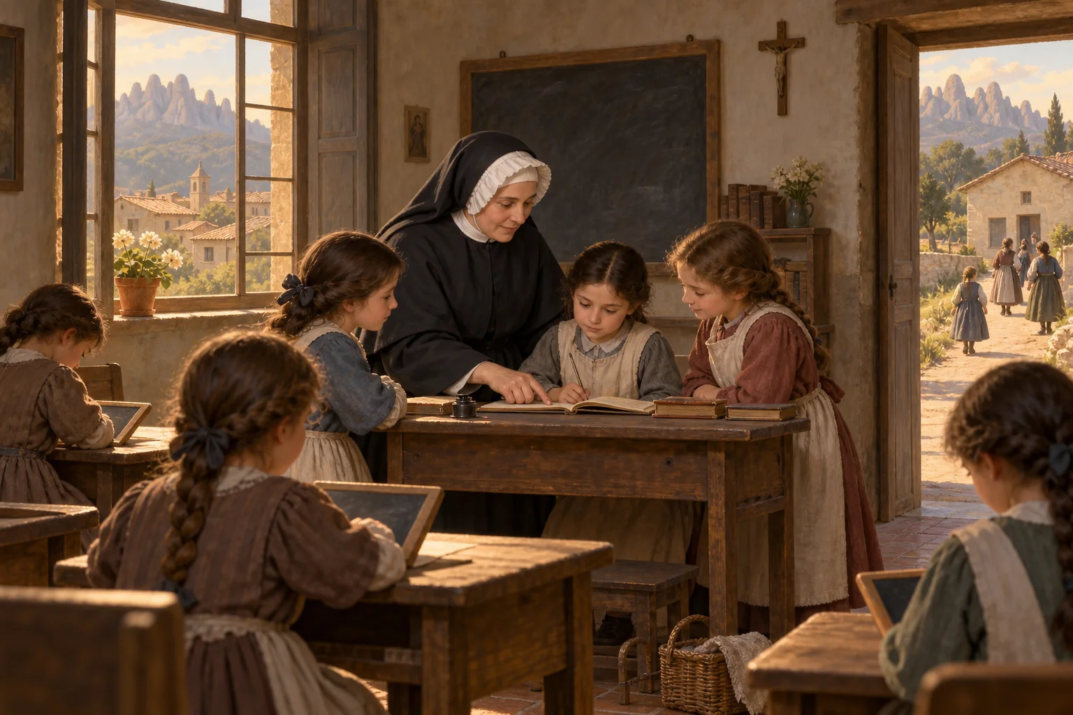 Paula Montal enseña a leer a varias niñas en una escuela sencilla de Olesa de Montserrat.
