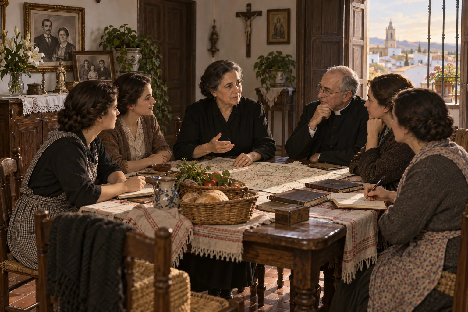 María Jesús Herruzo, viuda y madre, conversa en su casa con sus hijas, otras mujeres y un sacerdote sobre una misión rural.
