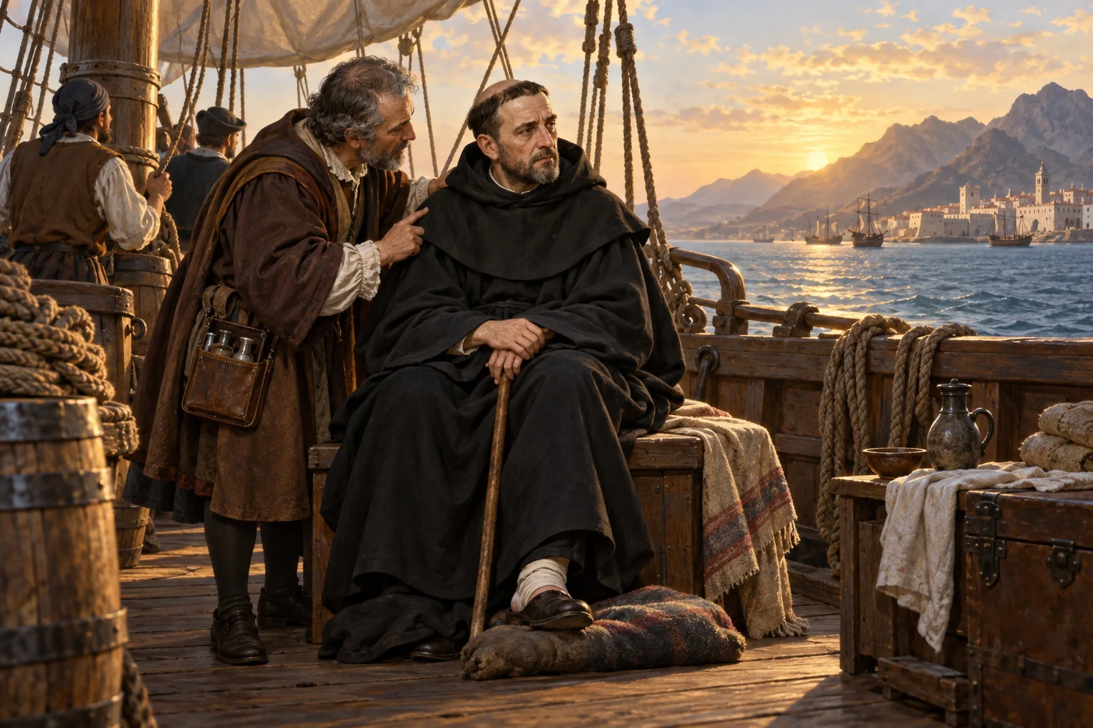 Alonso de Orozco permanece sentado en la cubierta de un barco mientras un médico le indica el puerto de regreso en las islas Canarias.