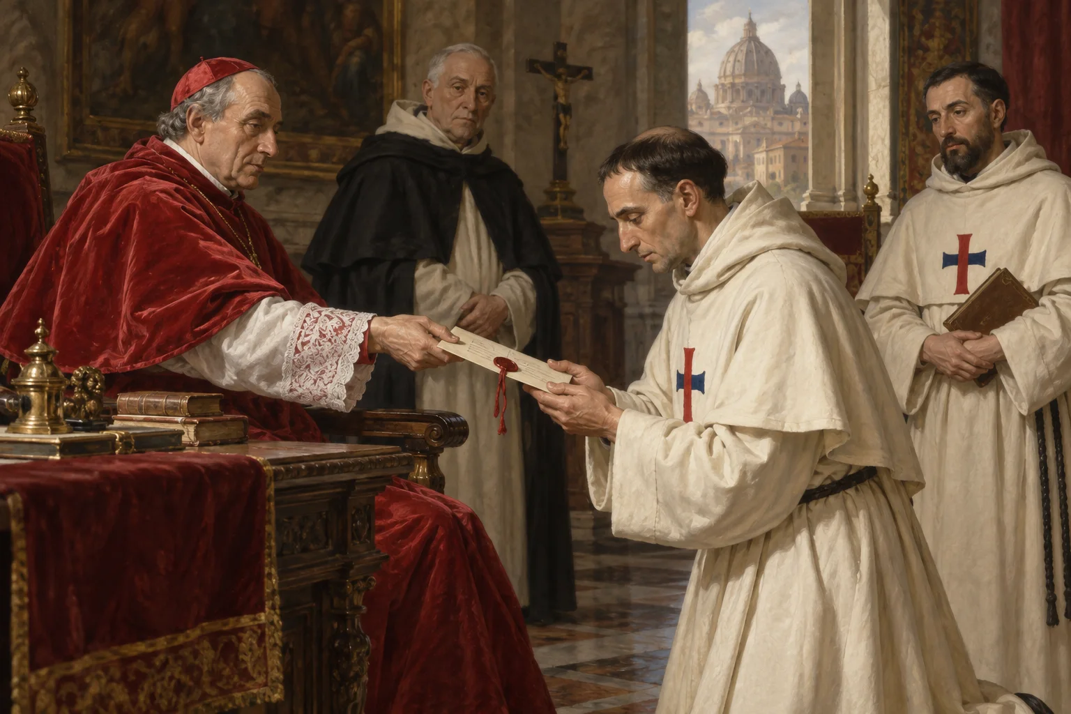 Juan Bautista de la Concepción recibe en Roma un documento sellado sobre la reforma trinitaria ante varios eclesiásticos.