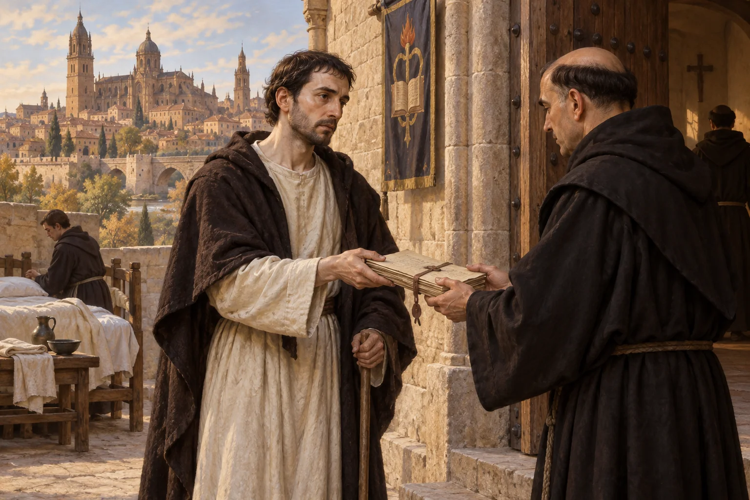 Juan de Sahagún, ya convaleciente, entrega sus documentos eclesiásticos a un fraile agustino ante la puerta del convento de Salamanca.