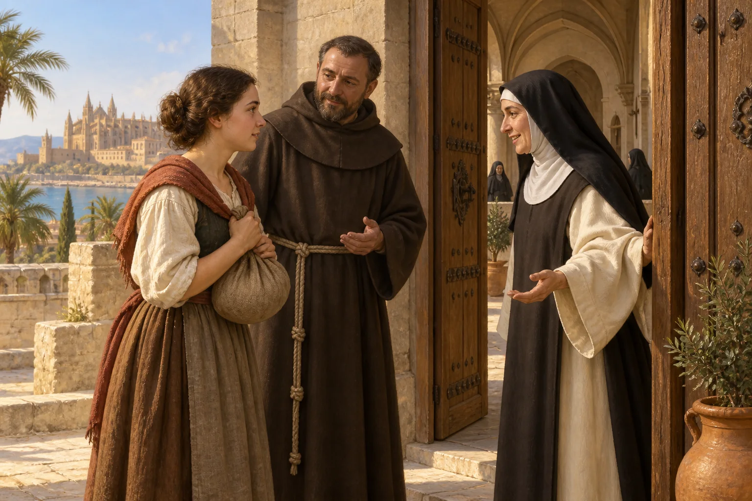 Catalina Tomás llega con un pequeño hatillo a la puerta del convento de Santa Magdalena acompañada por fray Antonio Castañeda.