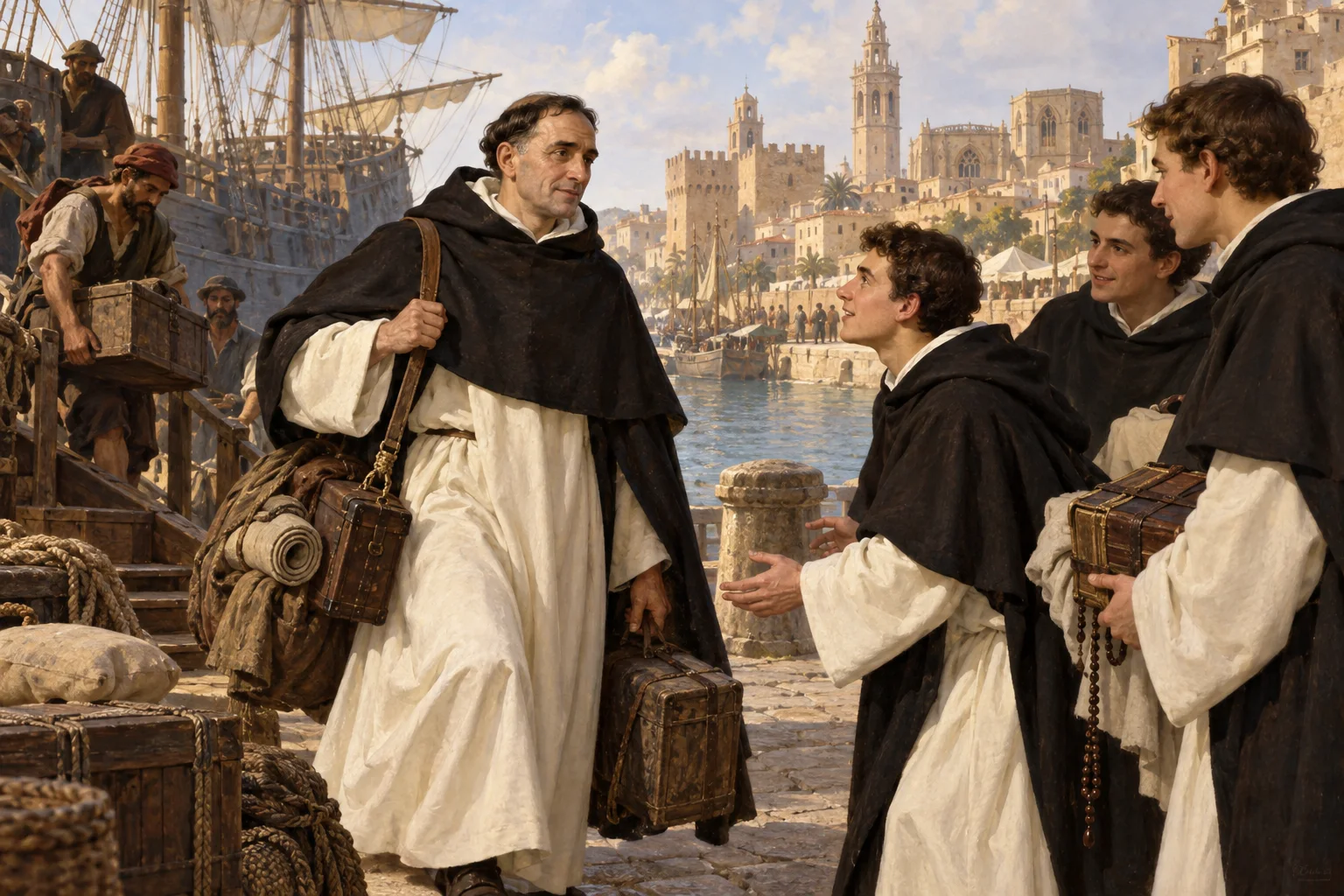 Luis Bertrán desembarca de regreso en Valencia y es recibido por jóvenes dominicos a quienes formará.