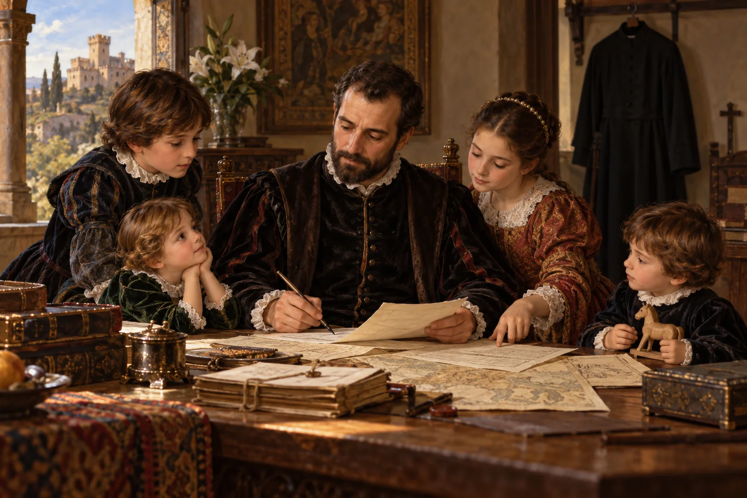 Francisco de Borja trabaja con documentos familiares junto a sus hijos mientras un hábito jesuita permanece preparado al fondo.