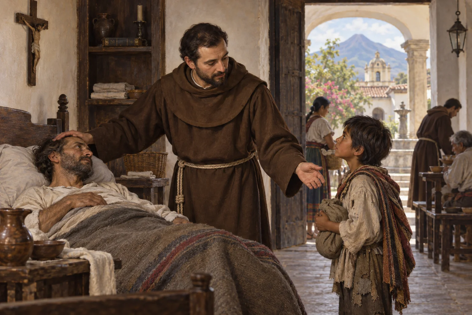 El Hermano Pedro atiende a un convaleciente y recibe a un niño en la humilde obra de Belén de Antigua Guatemala.