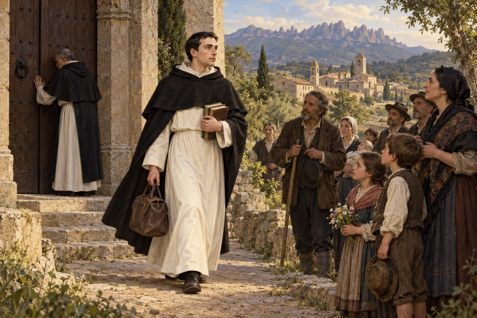 Francisco Coll sale del convento cerrado con sus libros mientras varias personas de un pueblo catalán esperan su ayuda.