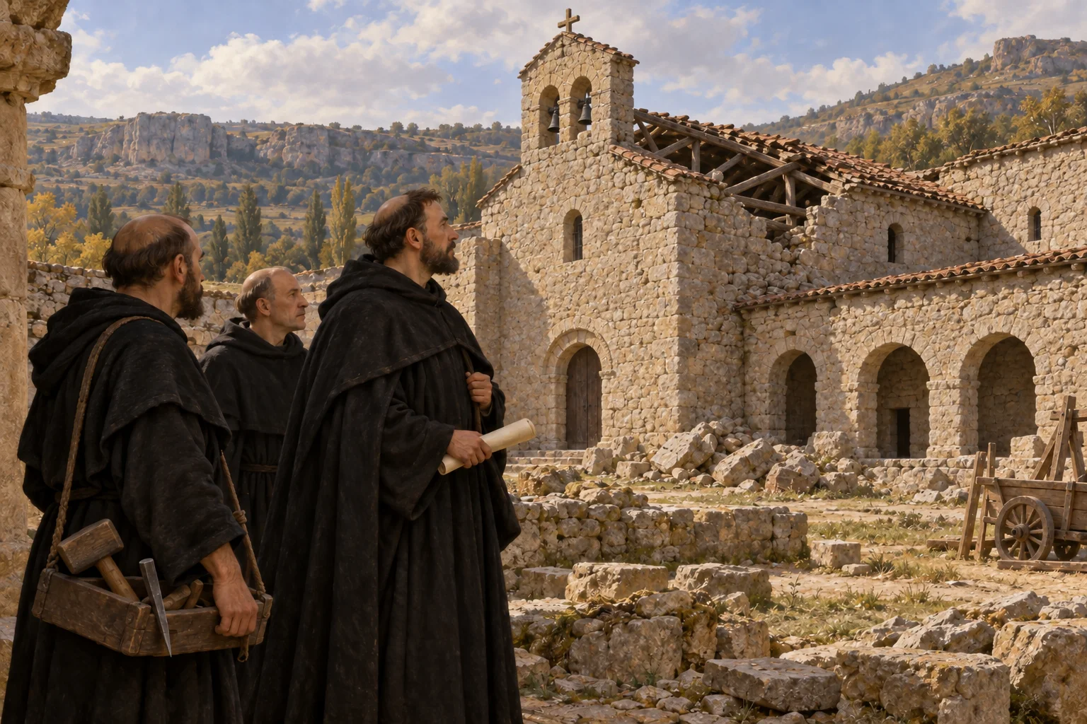 Domingo de Silos contempla junto a otros monjes el monasterio deteriorado que le han confiado para reconstruir.