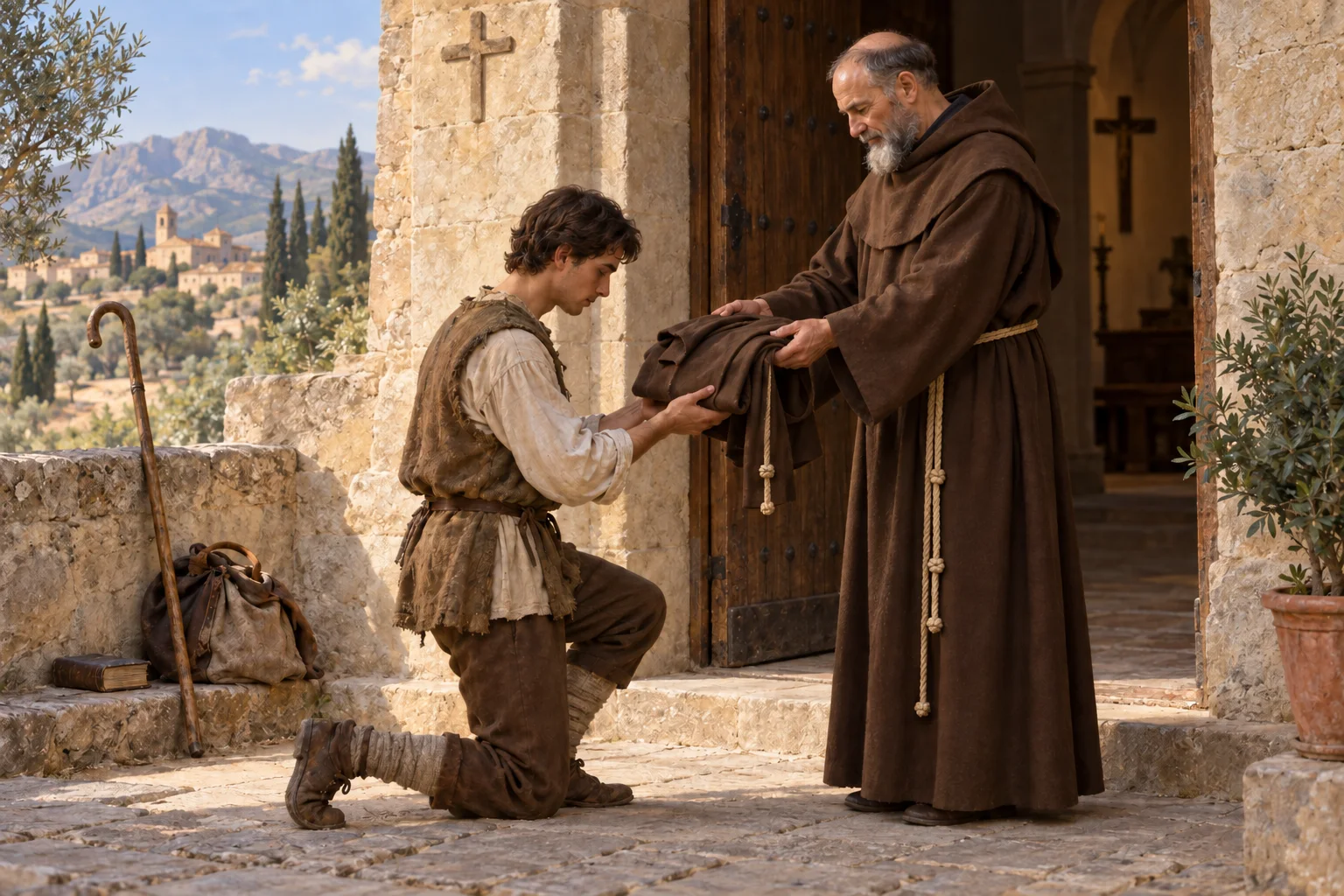 Pascual Baylón recibe el hábito franciscano mientras su cayado de pastor descansa junto a la puerta del convento.