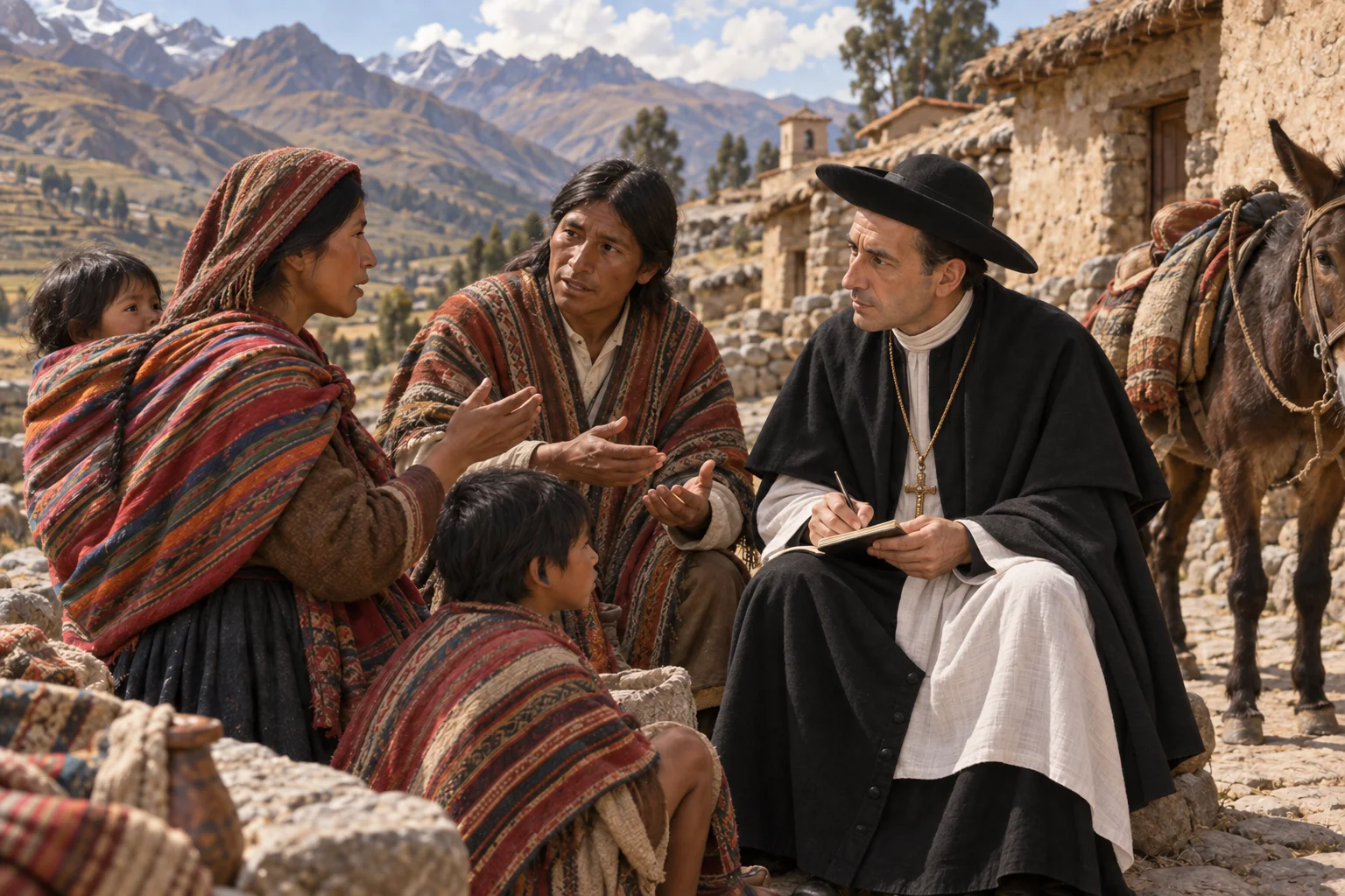 Toribio de Mogrovejo recorre un camino andino y escucha a una familia mientras aprende palabras en quechua.