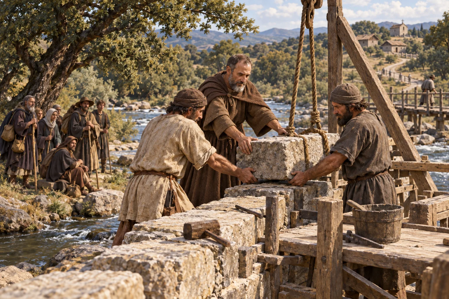 Domingo de la Calzada trabaja con otros hombres en un puente mientras varios peregrinos esperan cruzar el río Oja.