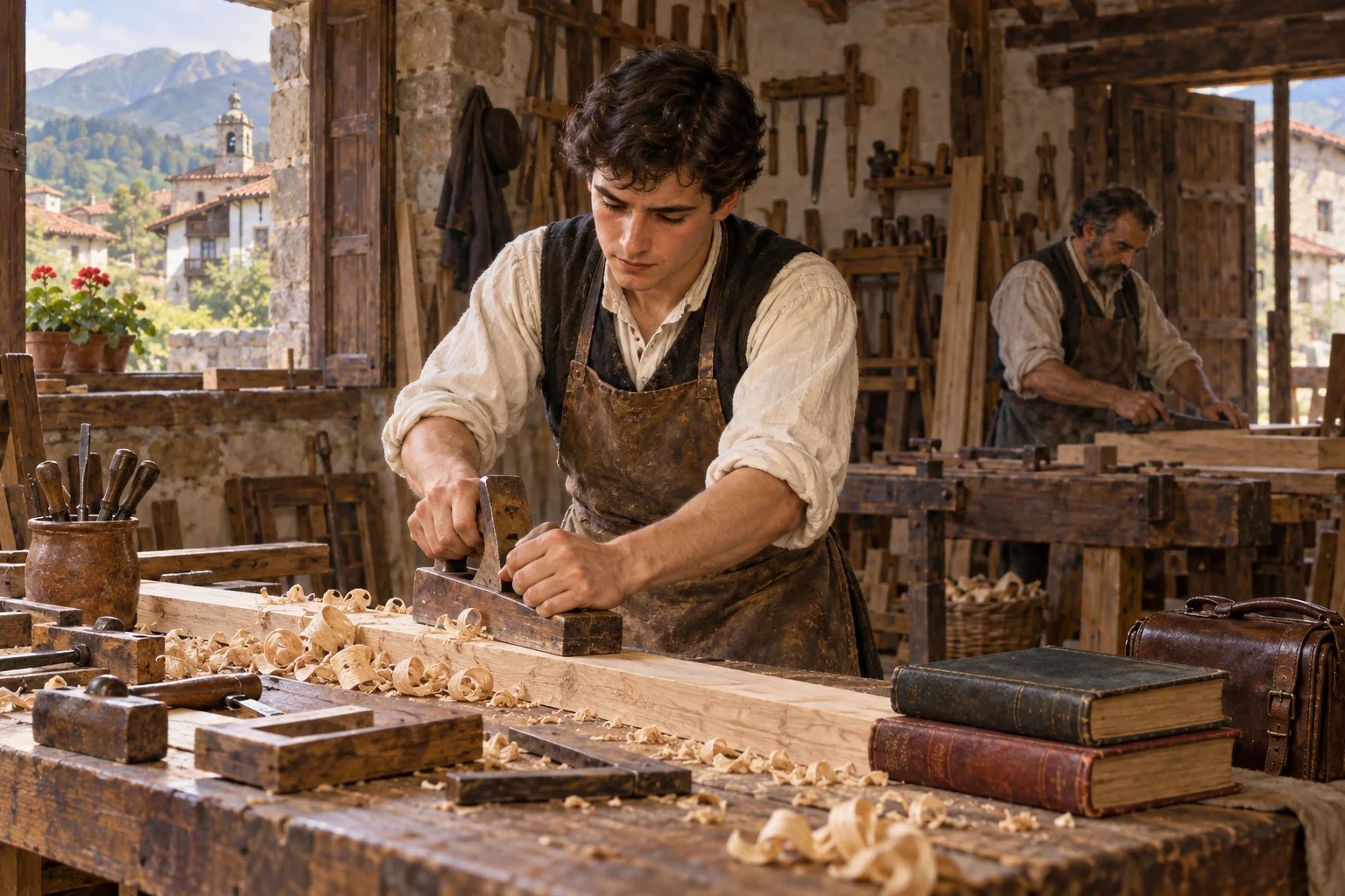 El joven Valentín de Berrio-Otxoa trabaja en el taller de carpintería familiar mientras conserva cerca sus libros de estudio.