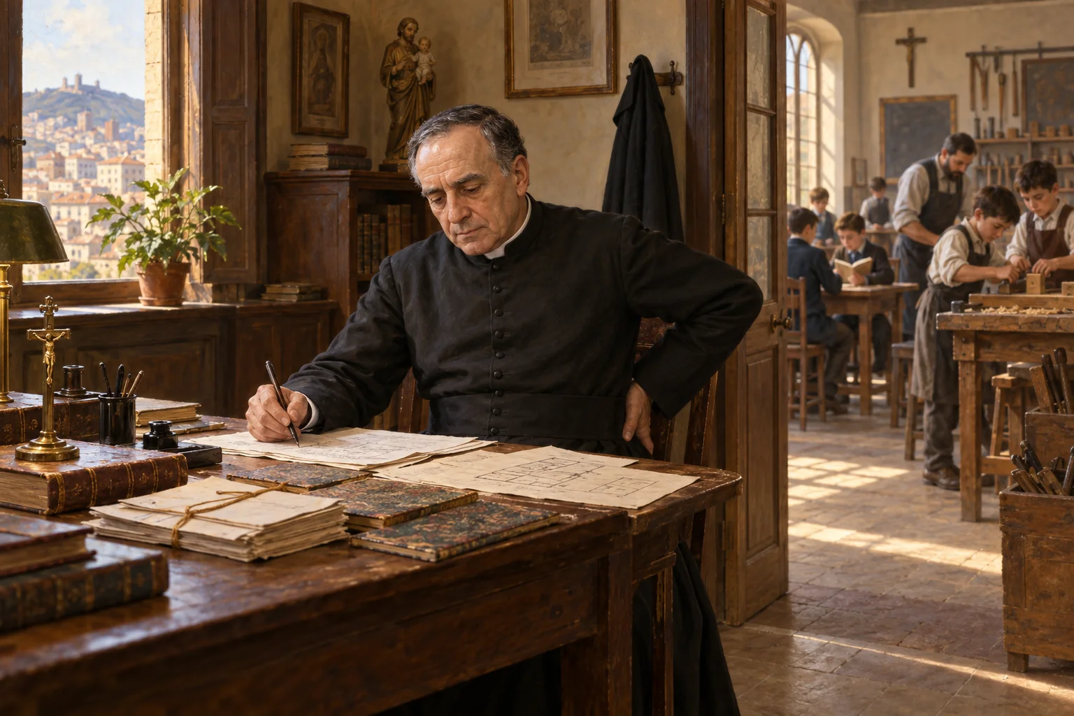 José Manyanet trabaja sentado con cartas y cuadernos mientras, al fondo, maestros y niños continúan la actividad de una escuela.