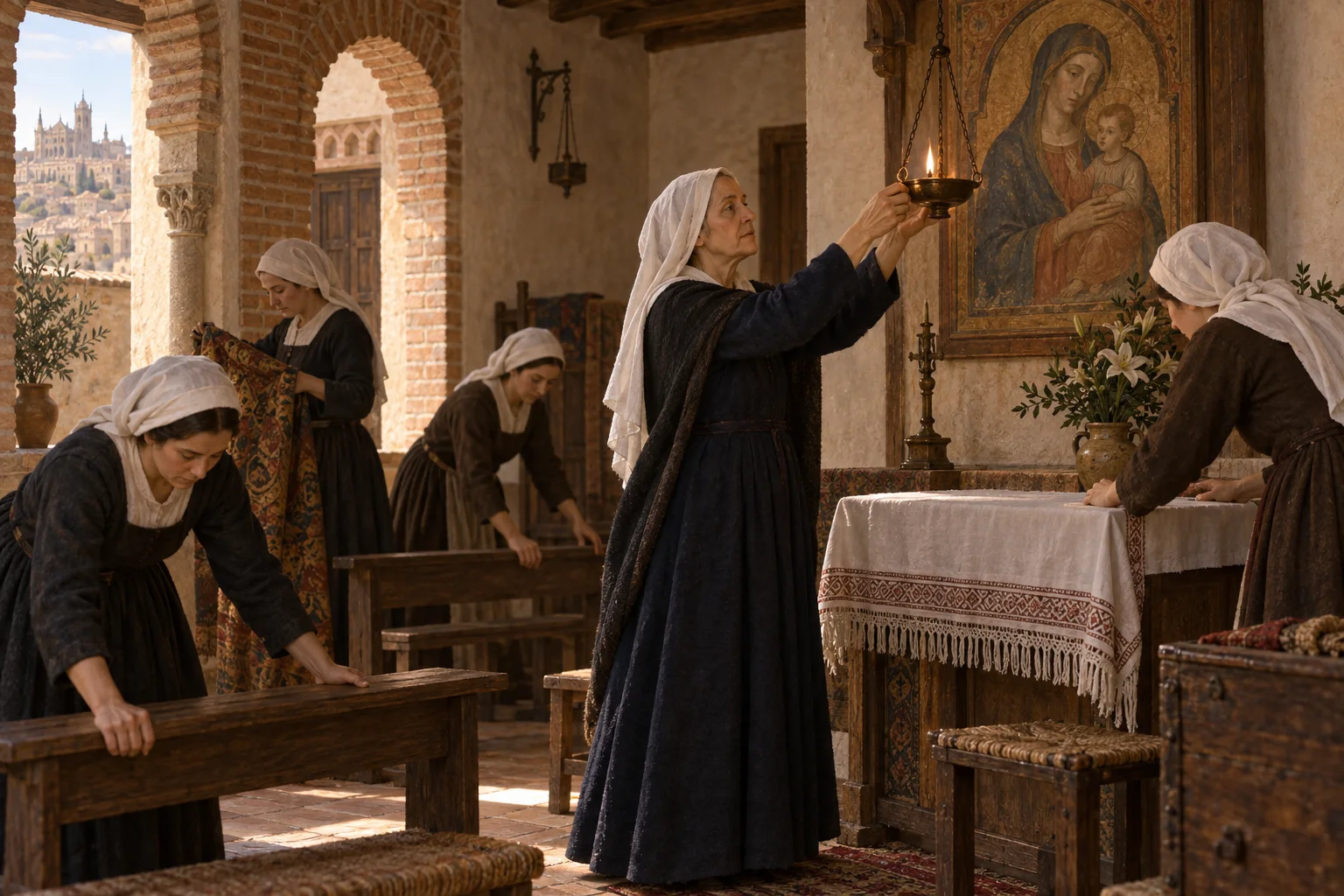 Beatriz de Silva, todavía con vestido laical, prepara con otras mujeres un pequeño oratorio para la nueva comunidad en Toledo.