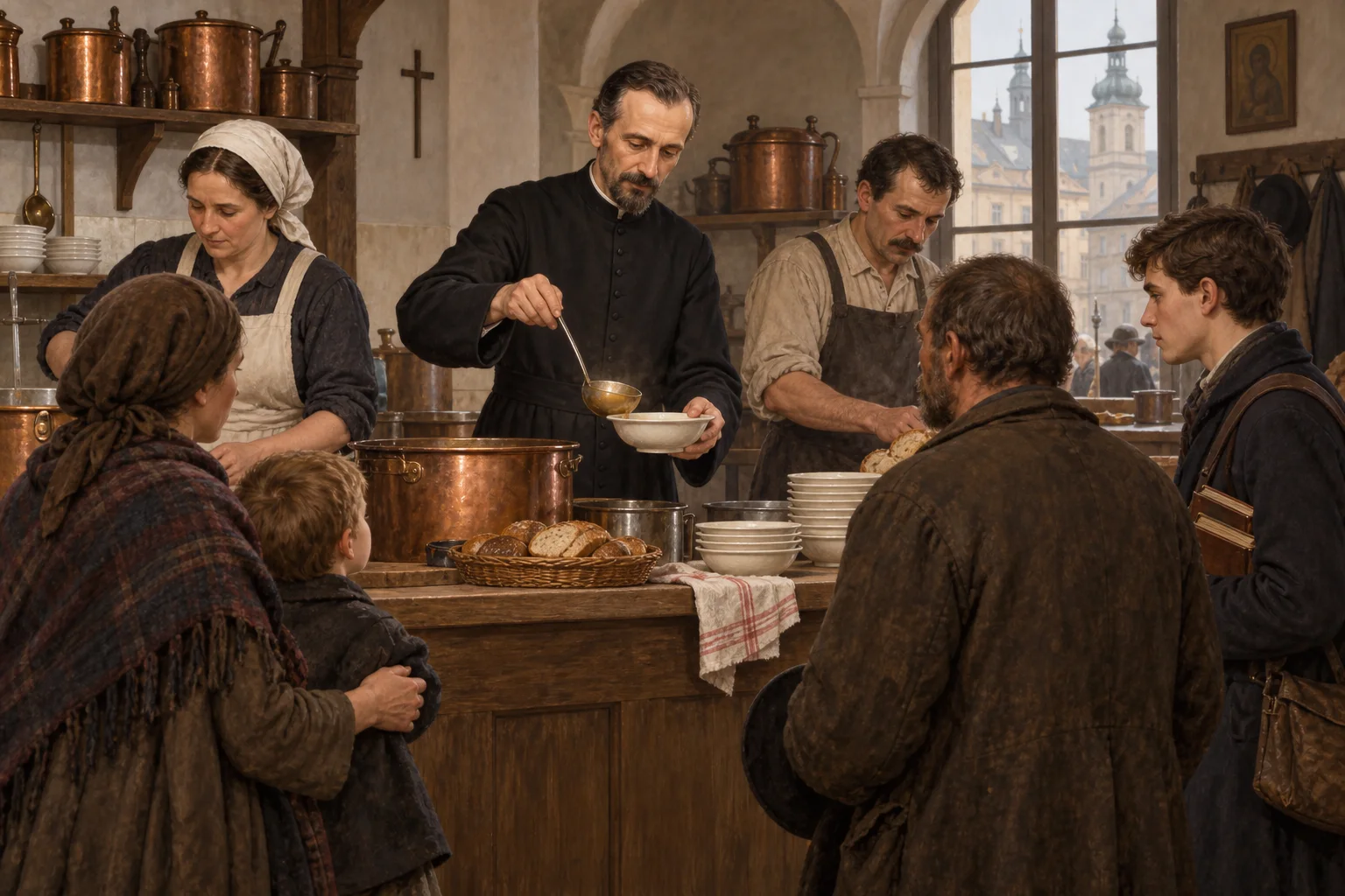 Segismundo Gorazdowski, ya sacerdote, sirve comida en una cocina popular de Leópolis junto a otros colaboradores.