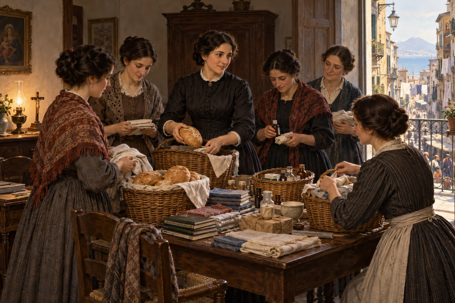 Catalina Volpicelli reúne en una casa de Nápoles a varias mujeres que preparan libros, alimentos y ayuda para familias pobres.