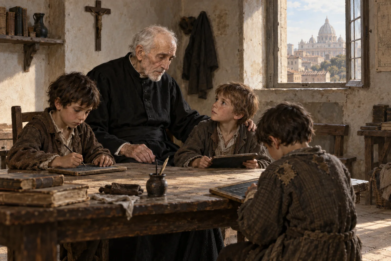 El anciano José de Calasanz continúa acompañando a varios niños pobres en una escuela romana precaria.