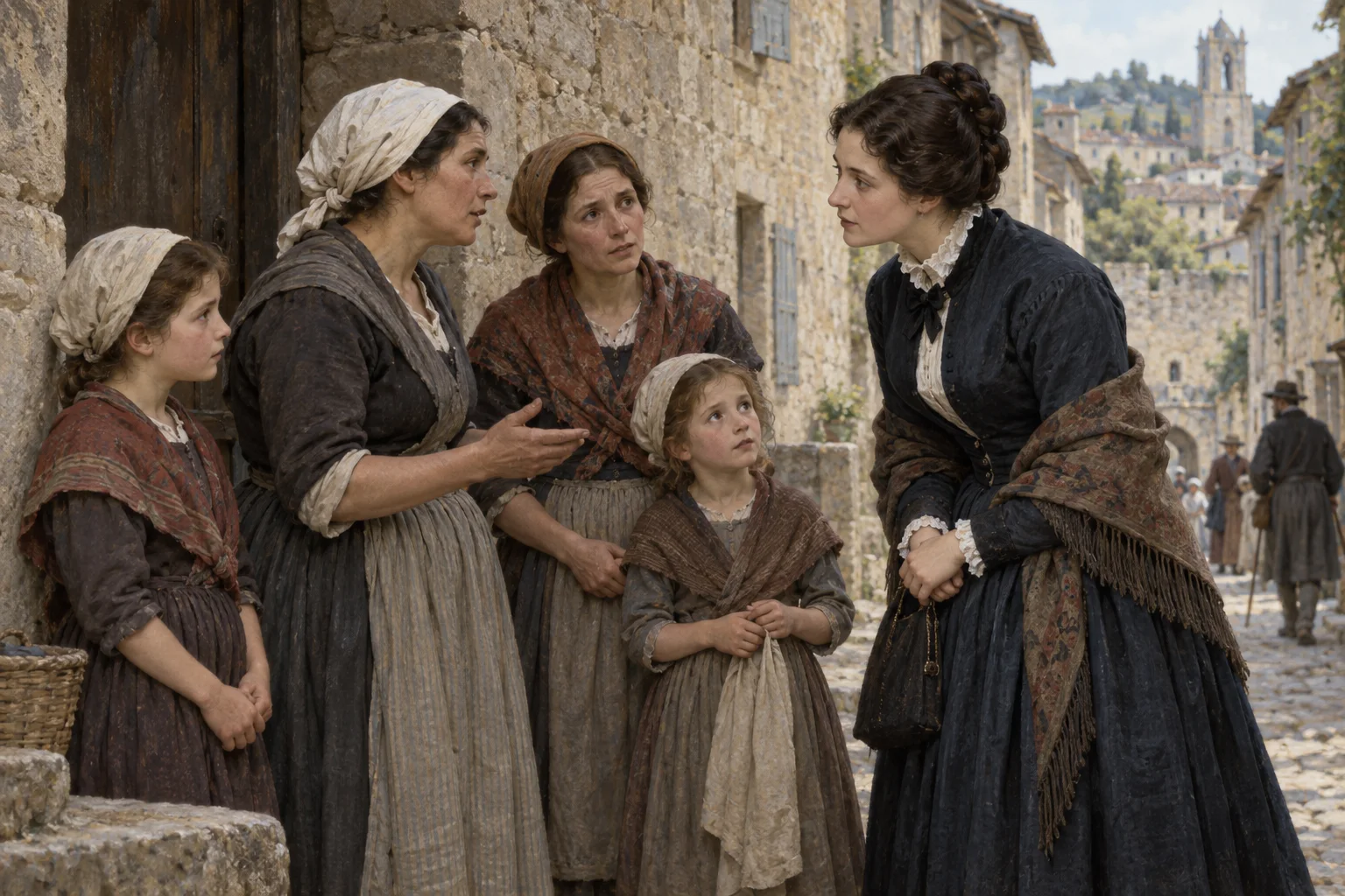 Emilia de Rodat, todavía laica, escucha a unas madres pobres hablar de la educación de sus hijas en Villefranche.