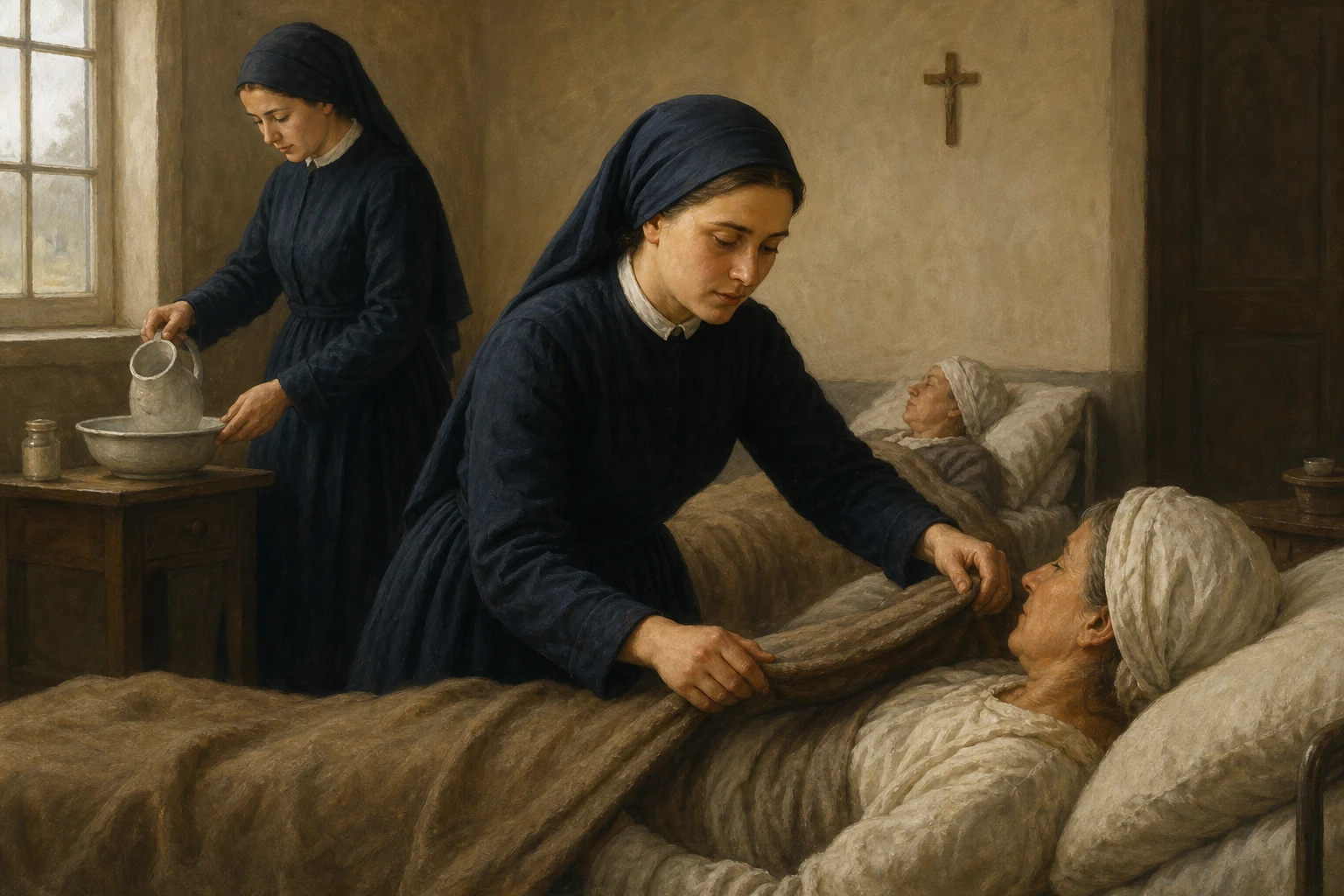 Bernardita, religiosa en Nevers, acomoda con cuidado la manta de una mujer enferma.