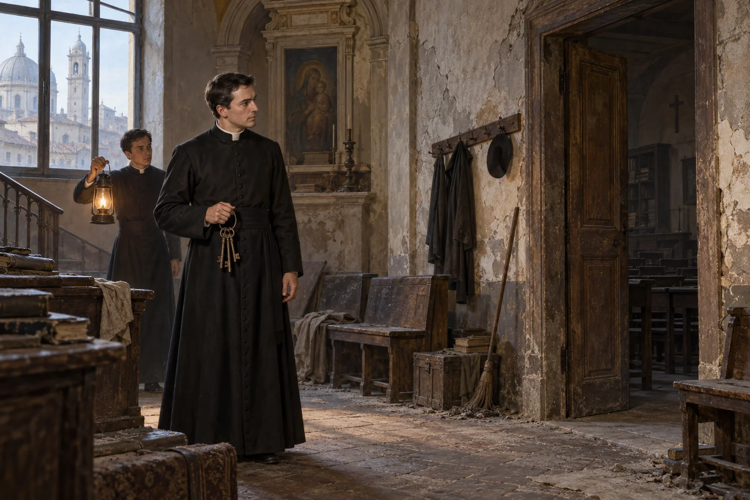 El joven José Allamano contempla una dependencia deteriorada del Santuario de la Consolata al recibir sus llaves.